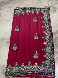 Embroidered Pearl Stone Work Maroon Sari
