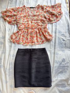 Floral Top &amp; Black Skirt Set