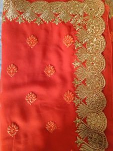 Red &amp; Gold Embroidered Saree Fabric