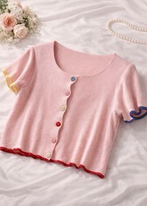 Pastel Pink Knit Crop Cardigan with Colorful Butto
