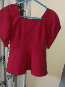 Red Peplum Top - Statement Sleeves