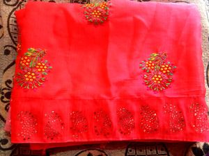 Embroidered Coral Saree