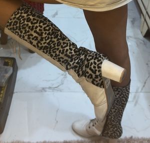 Trendy White With Cheetah Print Boots