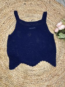 Navy Blue Cable Knit Self Design Crop Pullover Top