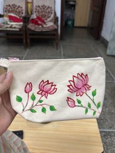 Hand-Painted Lotus Canvas Pouch