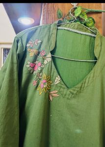Olive Green Embroidered Kurti Set