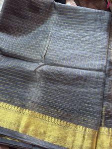 Elegant Grey & Gold Checked Saree