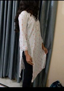 white printed cotton mix rayon kurti long straight