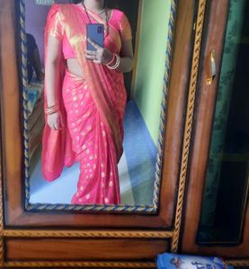 Pink Banarasi Silk Saree With Golden Zari Border