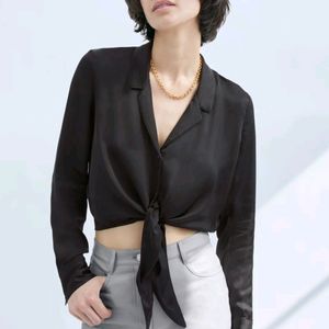 Black Satin Front Knot Shirt