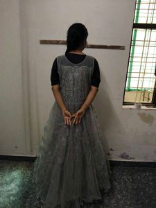 Elegant Grey Lace Overlay Gown