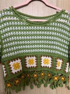Green Crochet Boho Top with Sunflower Accents