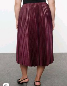 Mango Burgundy Pleated Midi Skirt