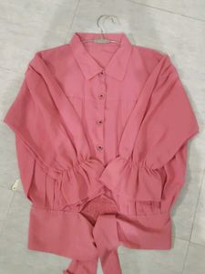 Pink Pleated Button-Down Top