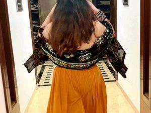 Embroidered net top bikini &amp; flared plazo set