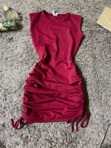 Maroon Drawstring Ruched Dress