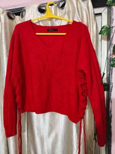 Red Cropped V-Neck Knit Sweater