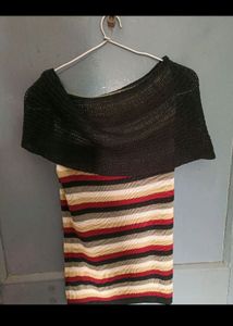 Striped Knit Dress with Black Shawl