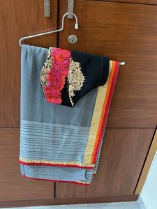 Saree With Ready made Zari  Work Blouse