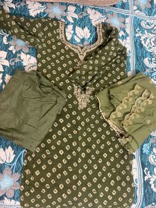Olive Green Bandhani Kurta Paint