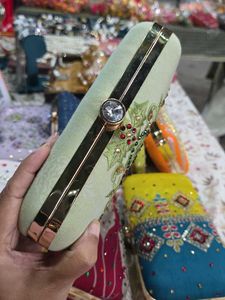 Green Embroidery Hand Clutch With Sling