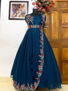 Elegant Olive Green Embroidered Saree Gown