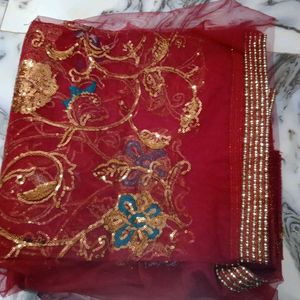 Embroidered Maroon net saree