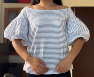 Striped Off-Shoulder Puff Sleeve Top