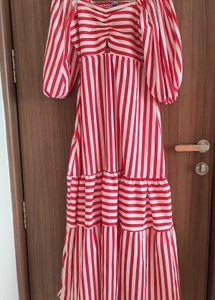 Red &amp; White Striped Puff Sleeve Maxi Dress