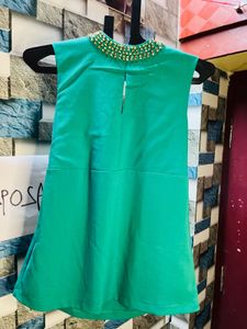 Women Stone Work Halter Neck Green Top