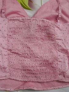 (514)Pink Polka Dot Tie-Front Crop Top