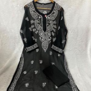 Black Embroidered Chikan Kurti Set