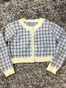 Blue Plaid Knit Cardigan