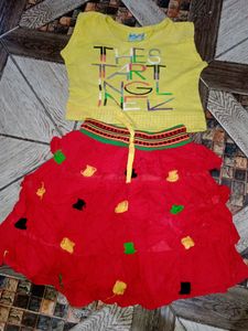 Yellow Top With Red Flayered Skirt