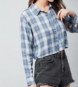 Blue Plaid Crop Top Shirt
