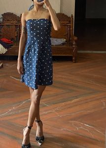 Blue Heart Print Strapless Dress