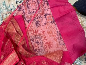 Hot Pink Embellished Net Saree