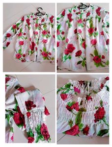White Top With Beautiful Red Rose Print..