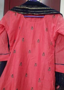 Coral &amp; Navy Embroidered Kurta Set