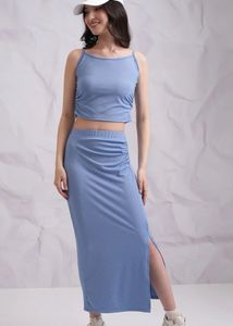 Blue Ribbed Co-ord traps Top & Split Skirt