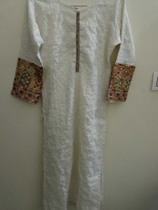 Embroidered Sleeve White Kurti