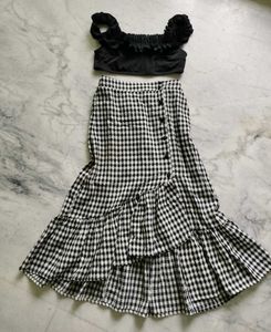 Checkered Ruffle Midi Skirt