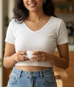 White Ribbed V-Neck Crop Top