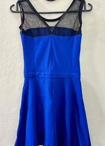 Elegant Blue Fit &amp; Flare Dress with Sheer Mesh