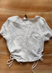 H&amp;M White Ribbed Drawstring Top