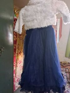 Cute Blue Dress with Fur Jacket