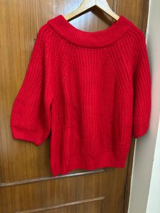 Red Puff Sleeves Cable Knit Pullover