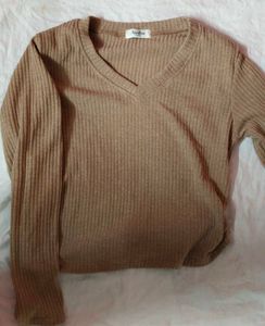 Khaki V Neck Full Sleeve Top