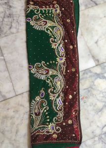 Fully Work Green Saree With Red Net Border