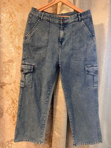 Trendy Wide Leg Cargo Jeans, Waist- 30